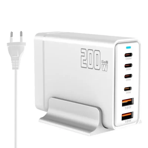 200W GaN-oplader med 4 USB-C og 2 USB-A